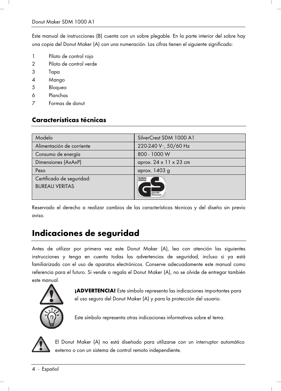 Indicaciones de seguridad, Características técnicas | Silvercrest SDM 1000 A1 User Manual | Page 6 / 70