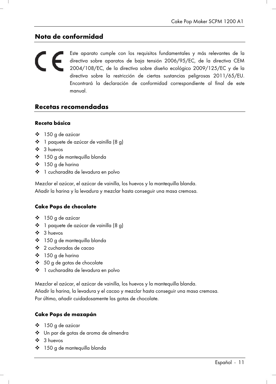 Nota de conformidad, Recetas recomendadas | Silvercrest SCPM 1200 A1 User Manual | Page 13 / 70