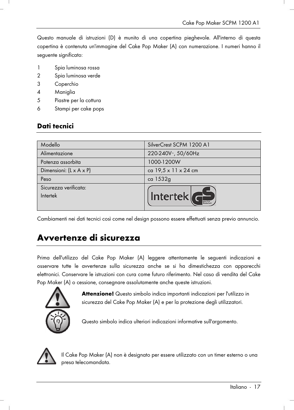 Avvertenze di sicurezza, Dati tecnici | Silvercrest SCPM 1200 A1 User Manual | Page 19 / 70