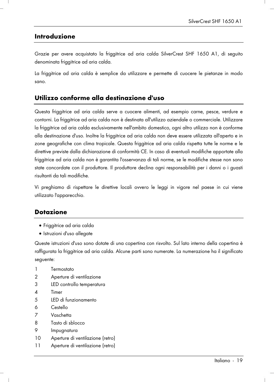 Introduzione, Utilizzo conforme alla destinazione d'uso, Dotazione | Silvercrest SHF 1650 A1 User Manual | Page 21 / 84