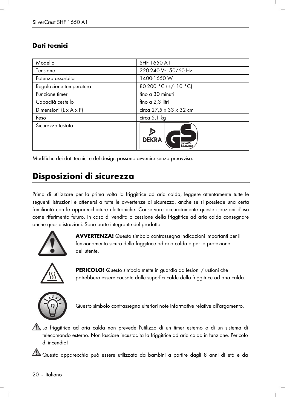 Disposizioni di sicurezza, Dati tecnici | Silvercrest SHF 1650 A1 User Manual | Page 22 / 84