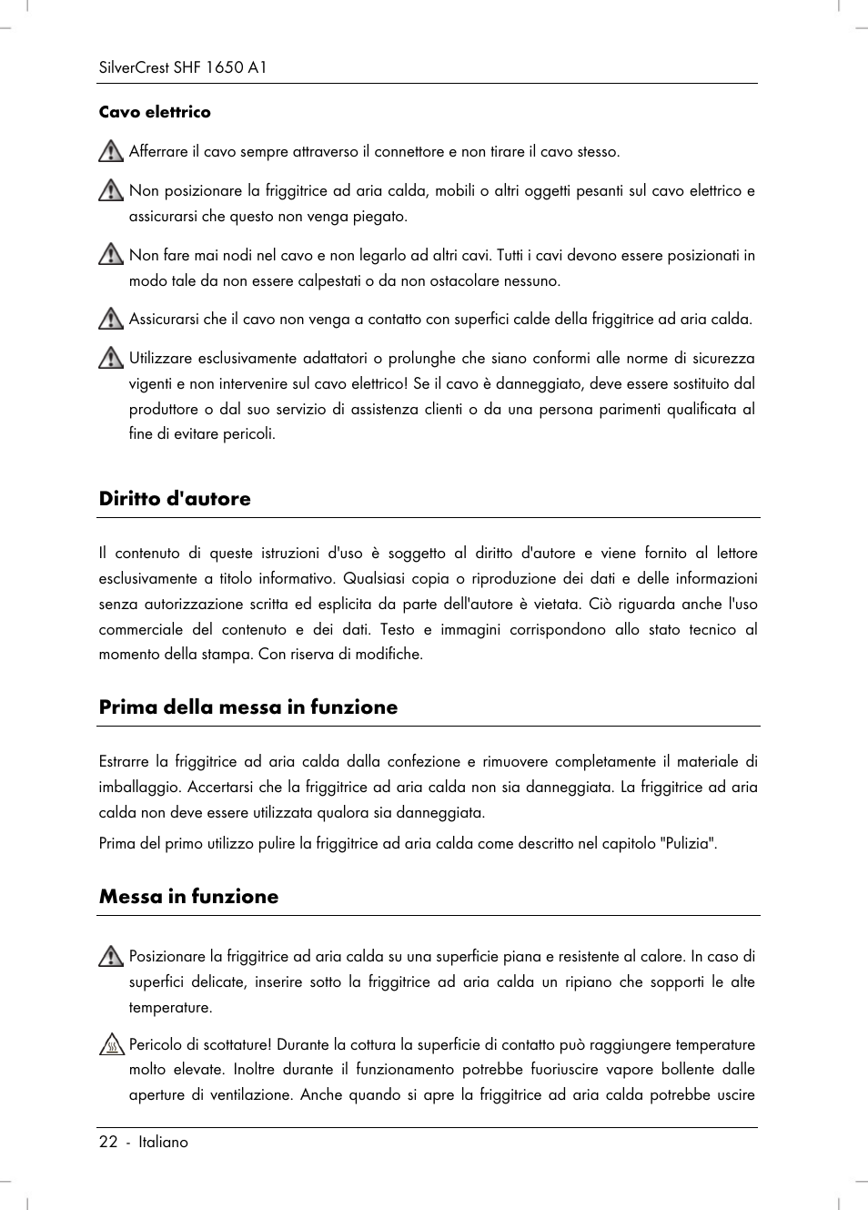 Diritto d'autore, Prima della messa in funzione, Messa in funzione | Silvercrest SHF 1650 A1 User Manual | Page 24 / 84