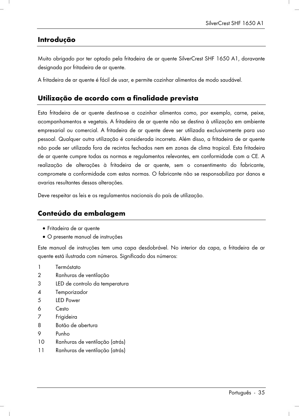 Introdução, Utilização de acordo com a finalidade prevista, Conteúdo da embalagem | Silvercrest SHF 1650 A1 User Manual | Page 37 / 84