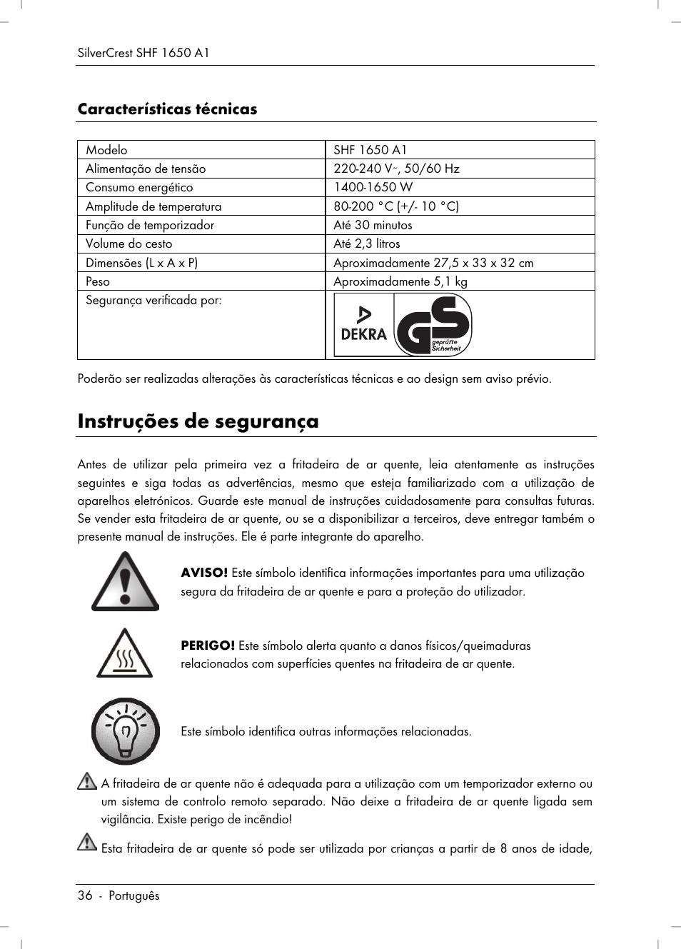 Instruções de segurança, Características técnicas | Silvercrest SHF 1650 A1 User Manual | Page 38 / 84