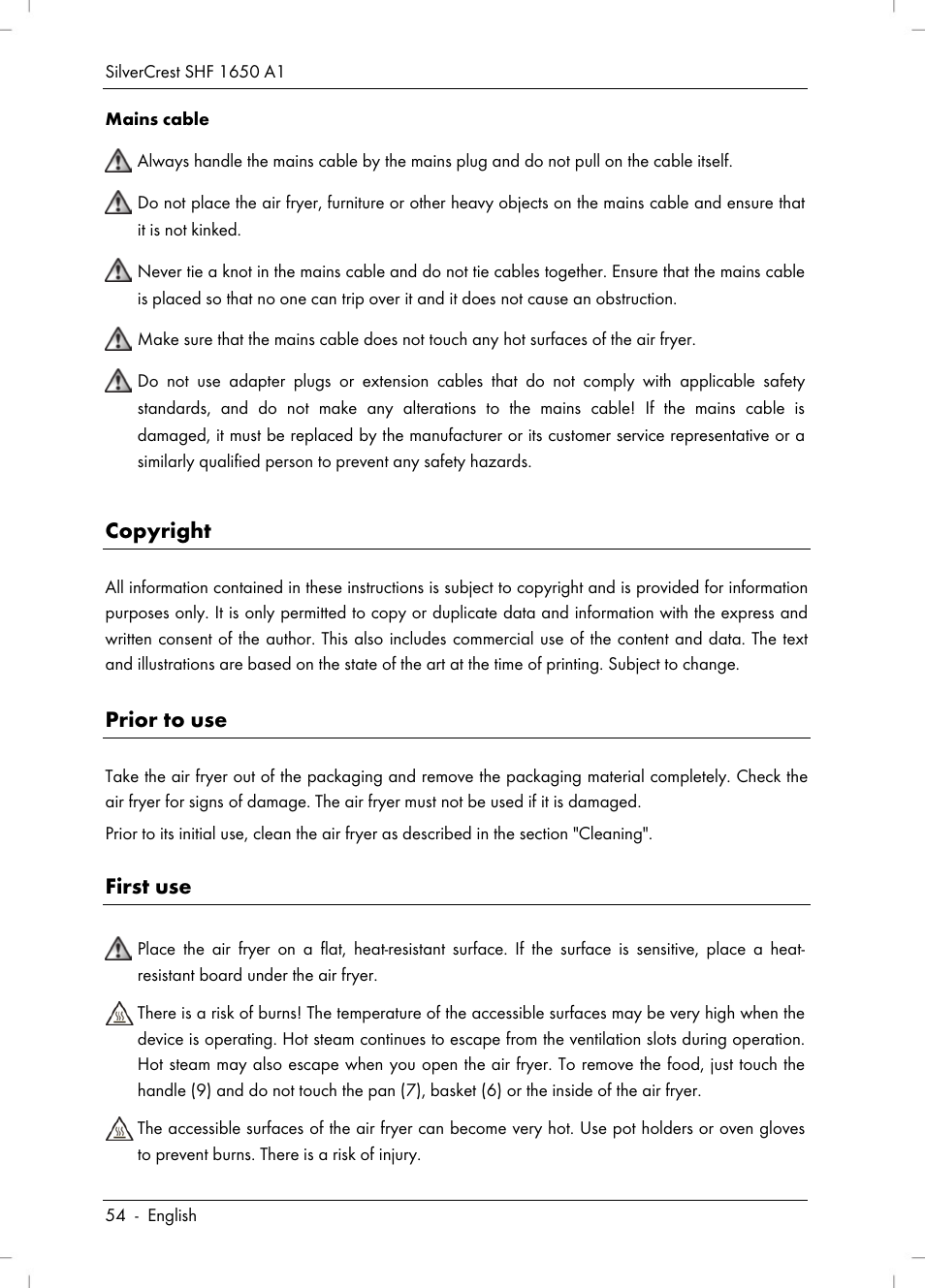 Copyright, Prior to use, First use | Silvercrest SHF 1650 A1 User Manual | Page 56 / 84