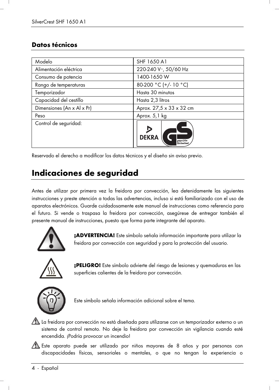 Indicaciones de seguridad, Datos técnicos | Silvercrest SHF 1650 A1 User Manual | Page 6 / 84