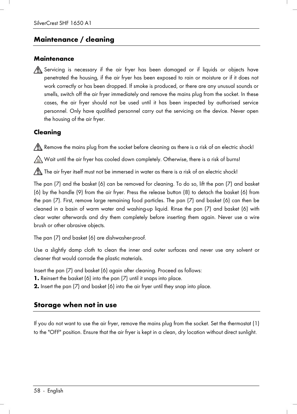 Maintenance / cleaning, Storage when not in use | Silvercrest SHF 1650 A1 User Manual | Page 60 / 84