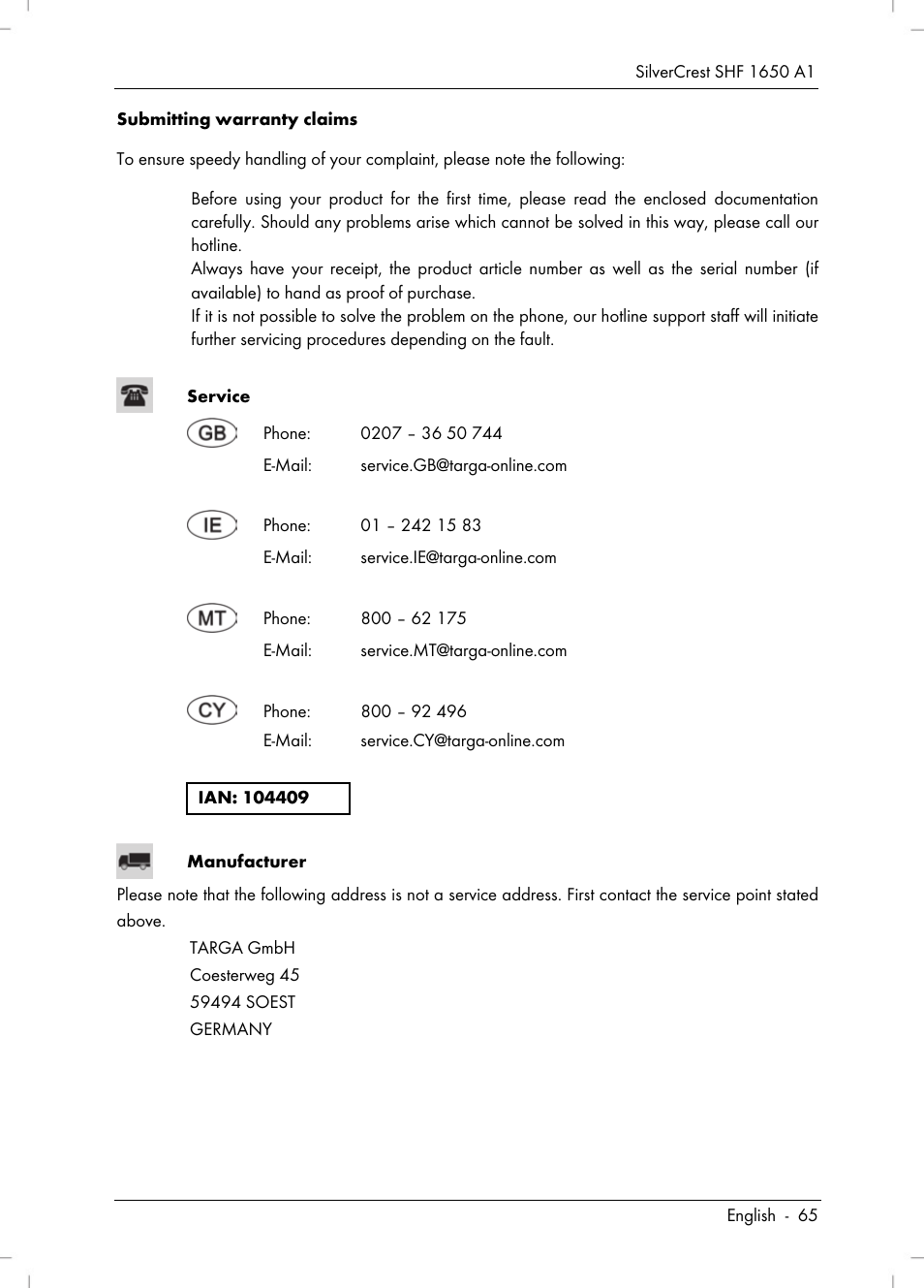 Silvercrest SHF 1650 A1 User Manual | Page 67 / 84