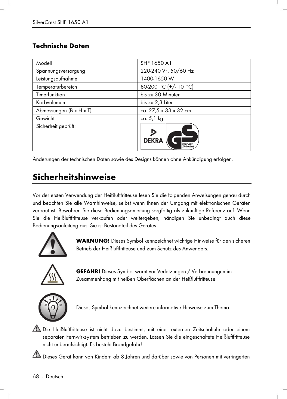 Sicherheitshinweise, Technische daten | Silvercrest SHF 1650 A1 User Manual | Page 70 / 84