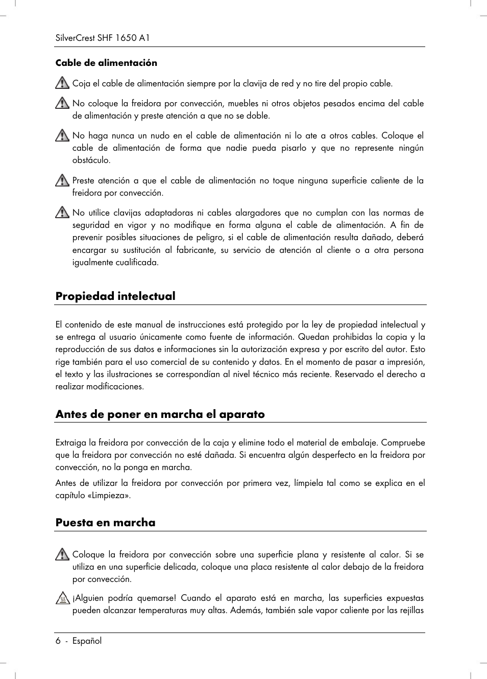 Propiedad intelectual, Antes de poner en marcha el aparato, Puesta en marcha | Silvercrest SHF 1650 A1 User Manual | Page 8 / 84