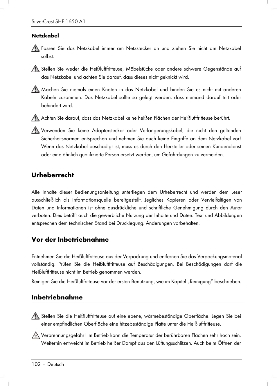 Urheberrecht, Vor der inbetriebnahme, Inbetriebnahme | Silvercrest SHF 1650 A1 User Manual | Page 104 / 116