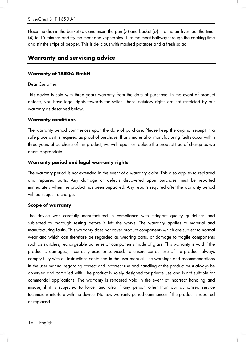 Warranty and servicing advice | Silvercrest SHF 1650 A1 User Manual | Page 18 / 116
