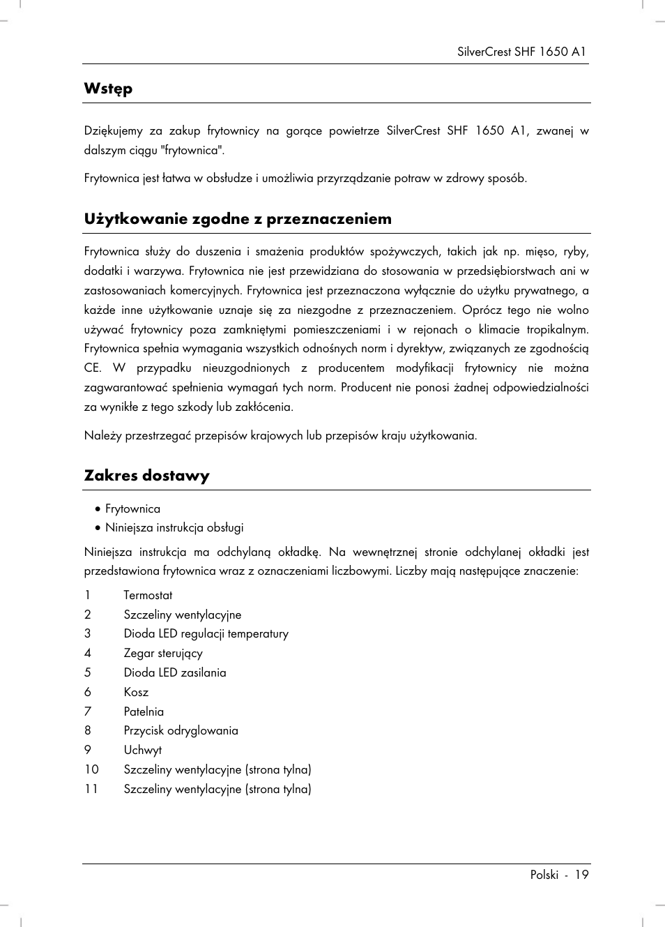 Wstęp, Użytkowanie zgodne z przeznaczeniem, Zakres dostawy | Silvercrest SHF 1650 A1 User Manual | Page 21 / 116