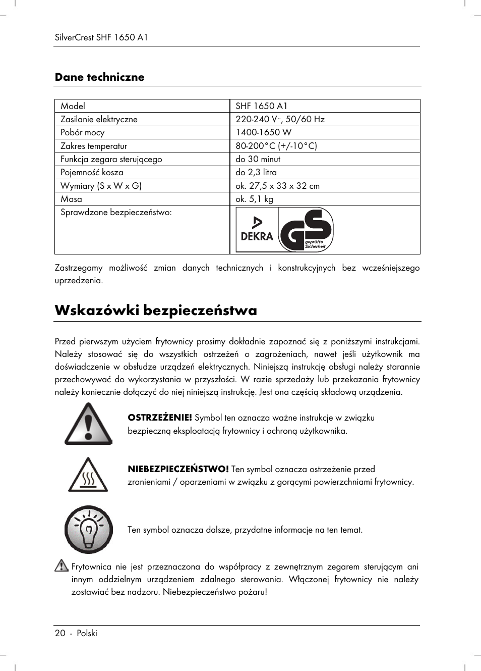Wskazówki bezpieczeństwa, Dane techniczne | Silvercrest SHF 1650 A1 User Manual | Page 22 / 116