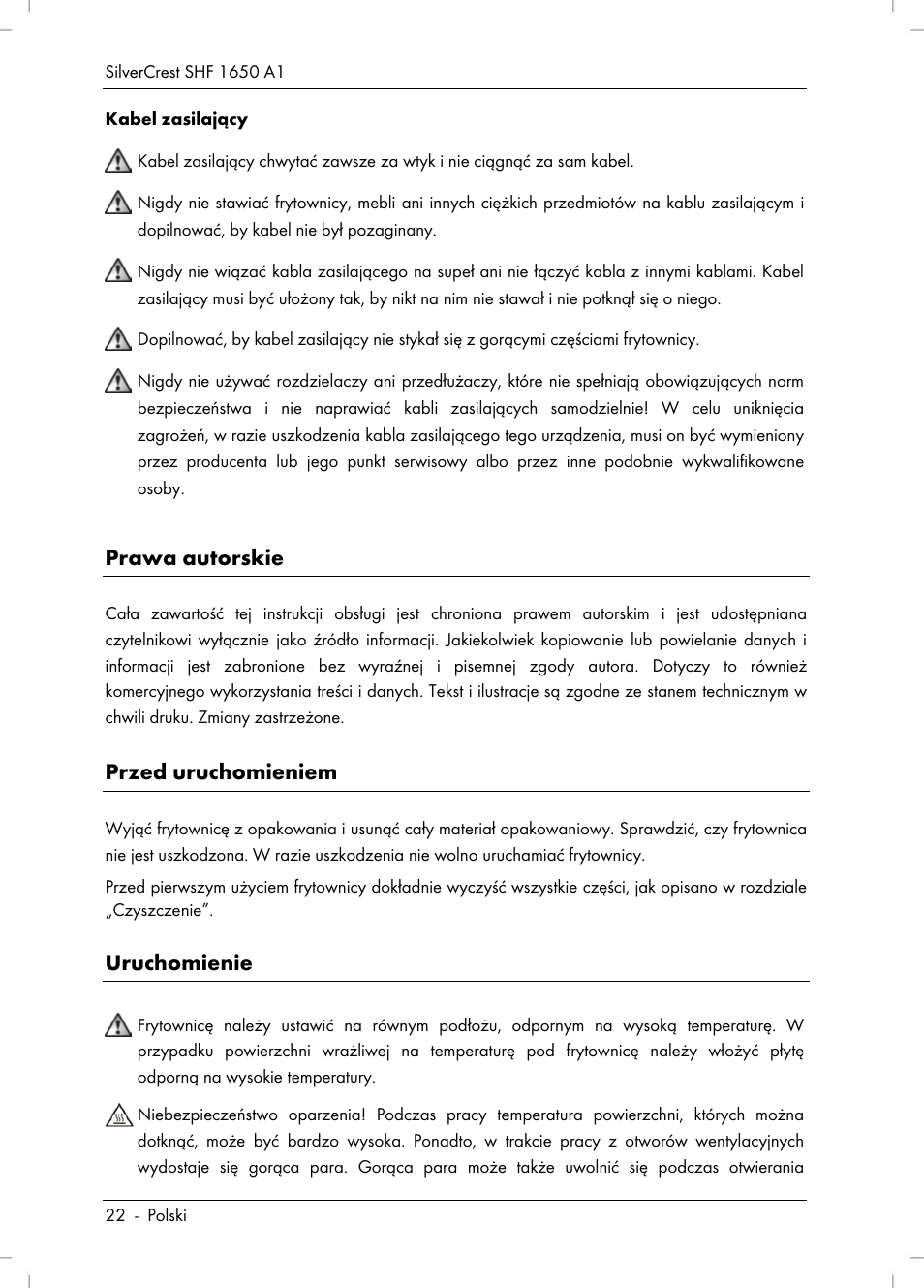 Prawa autorskie, Przed uruchomieniem, Uruchomienie | Silvercrest SHF 1650 A1 User Manual | Page 24 / 116