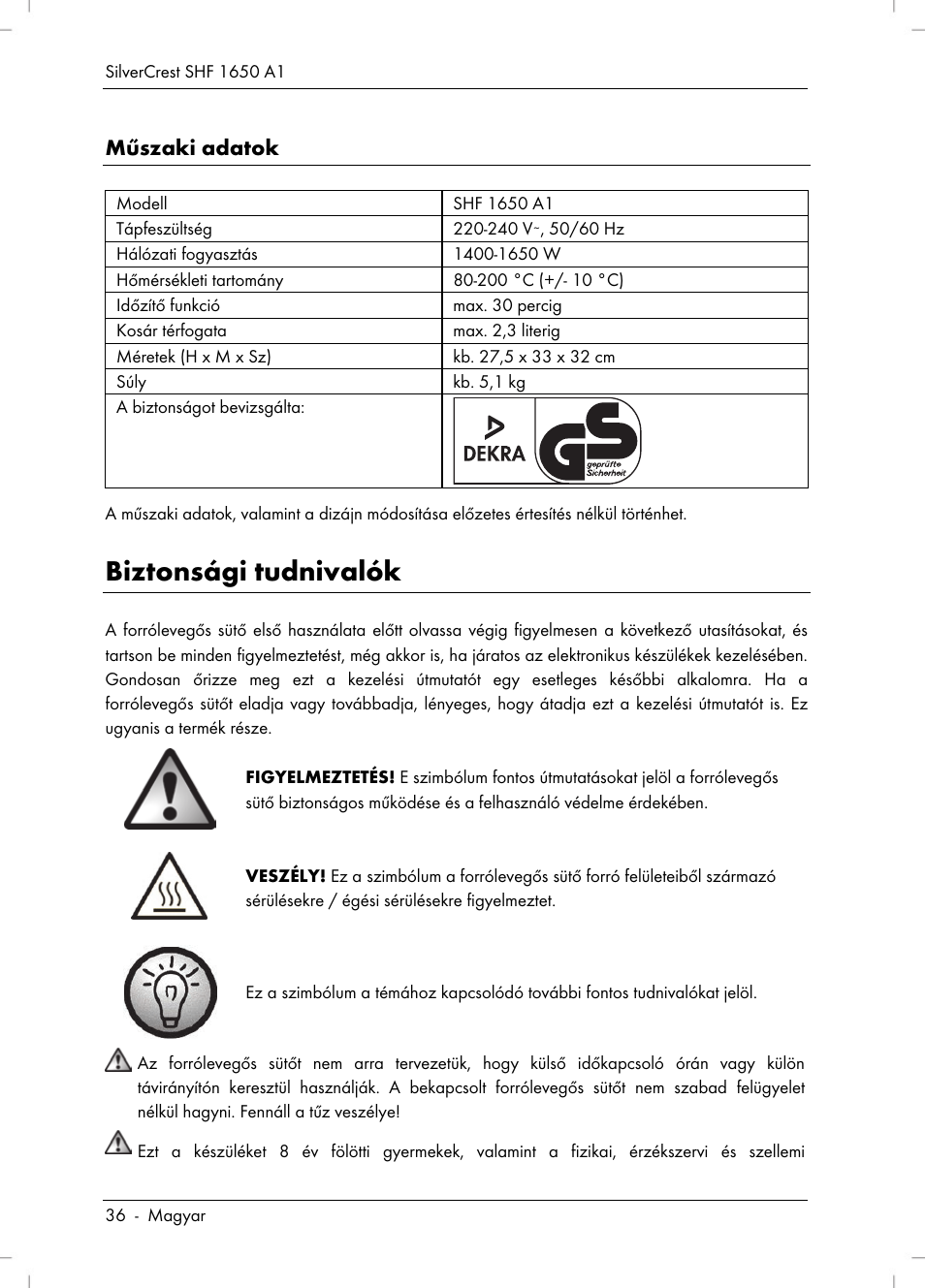 Biztonsági tudnivalók, Műszaki adatok | Silvercrest SHF 1650 A1 User Manual | Page 38 / 116