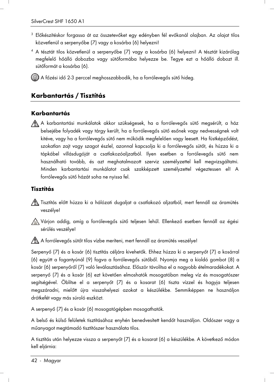 Karbantartás / tisztítás | Silvercrest SHF 1650 A1 User Manual | Page 44 / 116