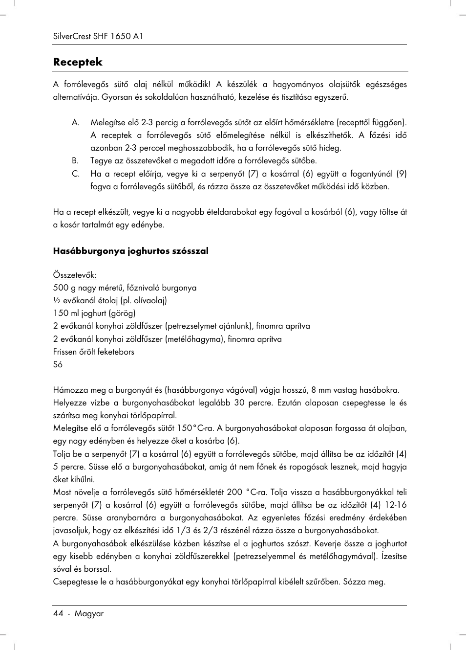 Receptek | Silvercrest SHF 1650 A1 User Manual | Page 46 / 116