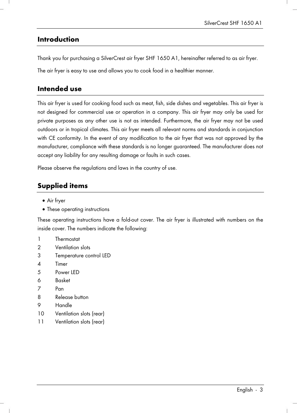 Introduction, Intended use, Supplied items | Silvercrest SHF 1650 A1 User Manual | Page 5 / 116