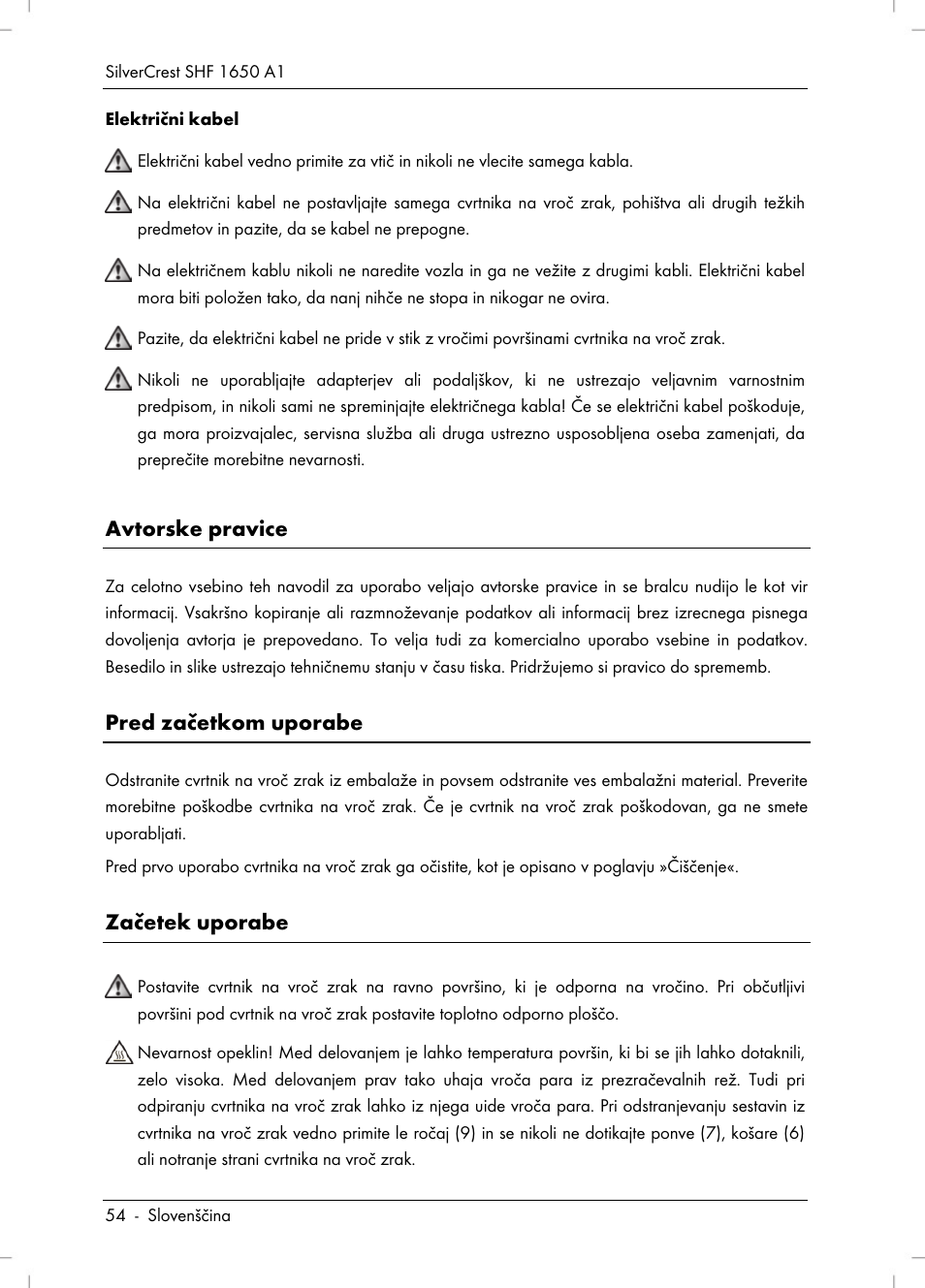 Avtorske pravice, Pred začetkom uporabe, Začetek uporabe | Silvercrest SHF 1650 A1 User Manual | Page 56 / 116