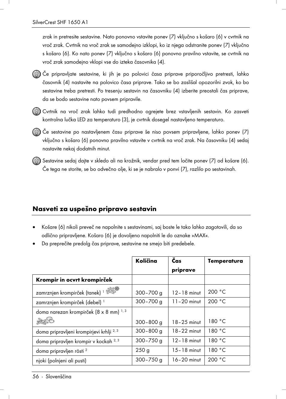 Nasveti za uspešno pripravo sestavin | Silvercrest SHF 1650 A1 User Manual | Page 58 / 116