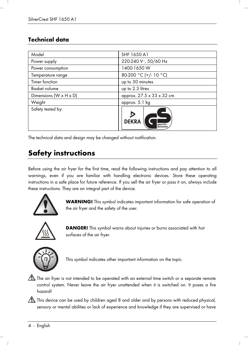 Safety instructions, Technical data | Silvercrest SHF 1650 A1 User Manual | Page 6 / 116