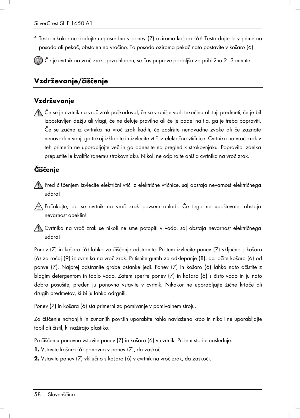 Vzdrževanje/čiščenje | Silvercrest SHF 1650 A1 User Manual | Page 60 / 116