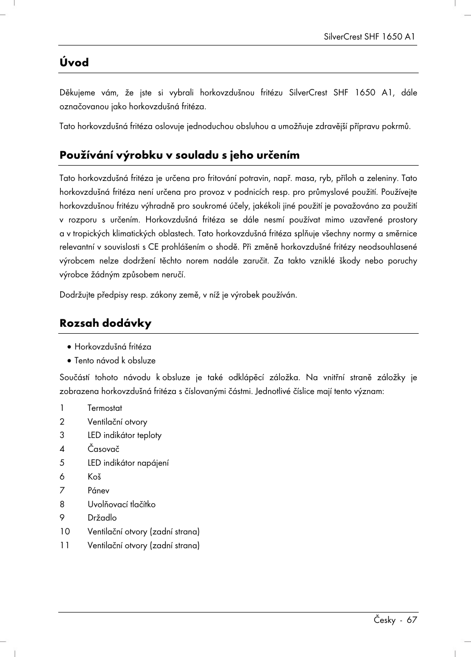 Úvod, Používání výrobku v souladu s jeho určením, Rozsah dodávky | Silvercrest SHF 1650 A1 User Manual | Page 69 / 116