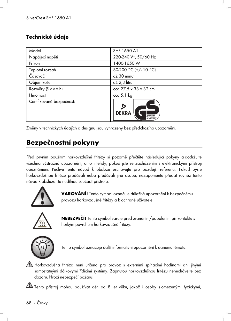 Bezpečnostní pokyny, Technické údaje | Silvercrest SHF 1650 A1 User Manual | Page 70 / 116