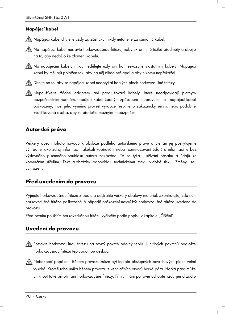 Autorské právo, Před uvedením do provozu, Uvedení do provozu | Silvercrest SHF 1650 A1 User Manual | Page 72 / 116