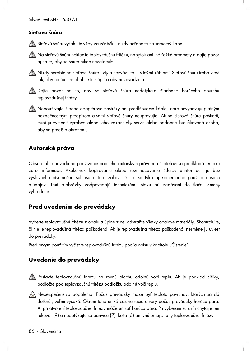 Autorské práva, Pred uvedením do prevádzky, Uvedenie do prevádzky | Silvercrest SHF 1650 A1 User Manual | Page 88 / 116