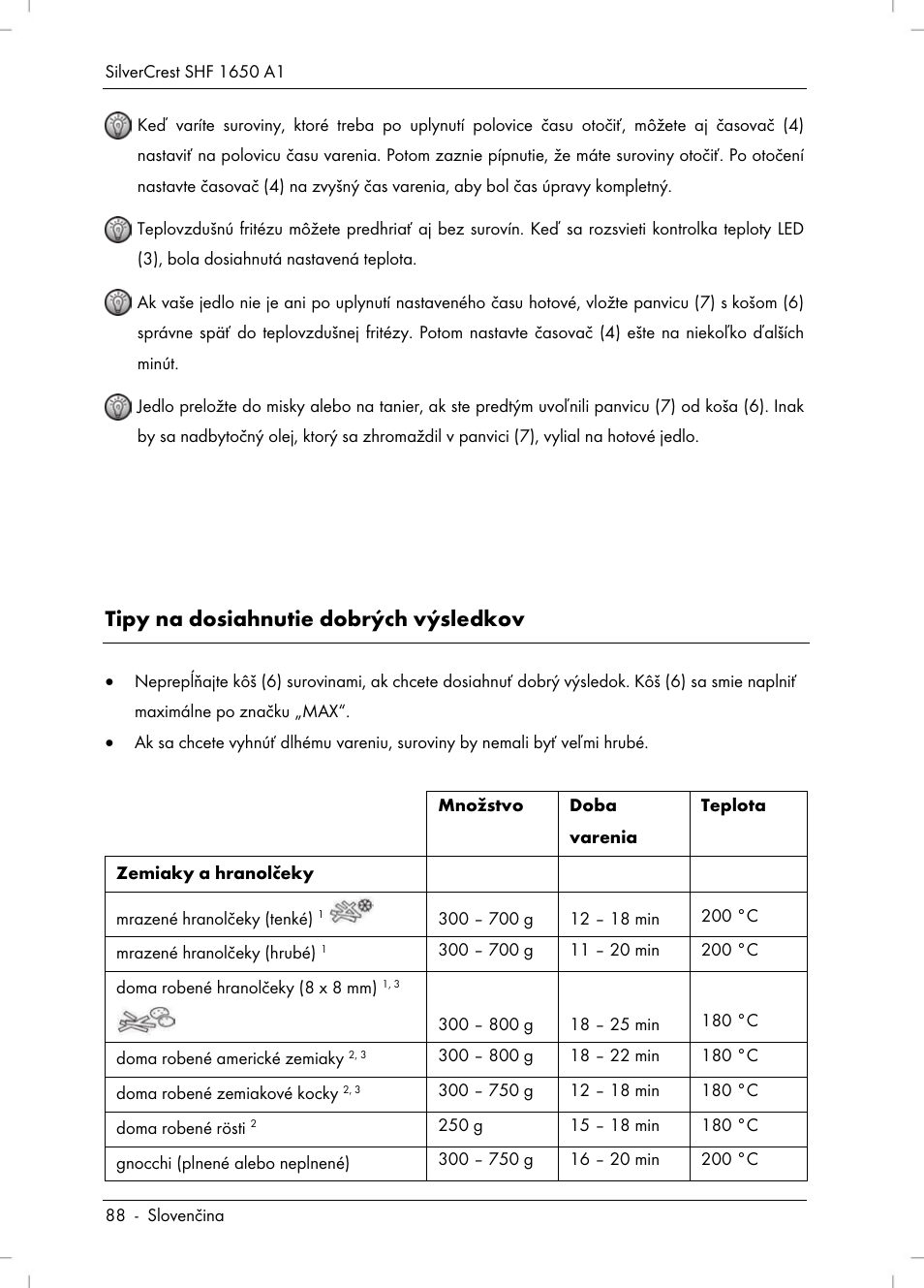 Tipy na dosiahnutie dobrých výsledkov | Silvercrest SHF 1650 A1 User Manual | Page 90 / 116