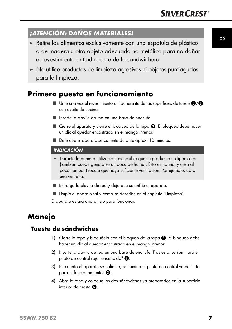 Primera puesta en funcionamiento, Manejo, Atención: daños materiales | Tueste de sándwiches | Silvercrest SSWM 750 B2 User Manual | Page 10 / 74