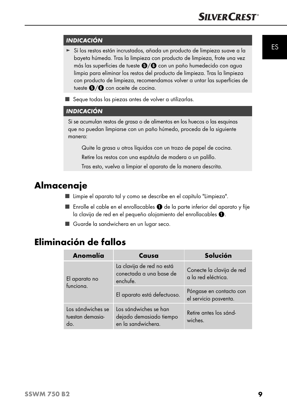 Almacenaje, Eliminación de fallos | Silvercrest SSWM 750 B2 User Manual | Page 12 / 74