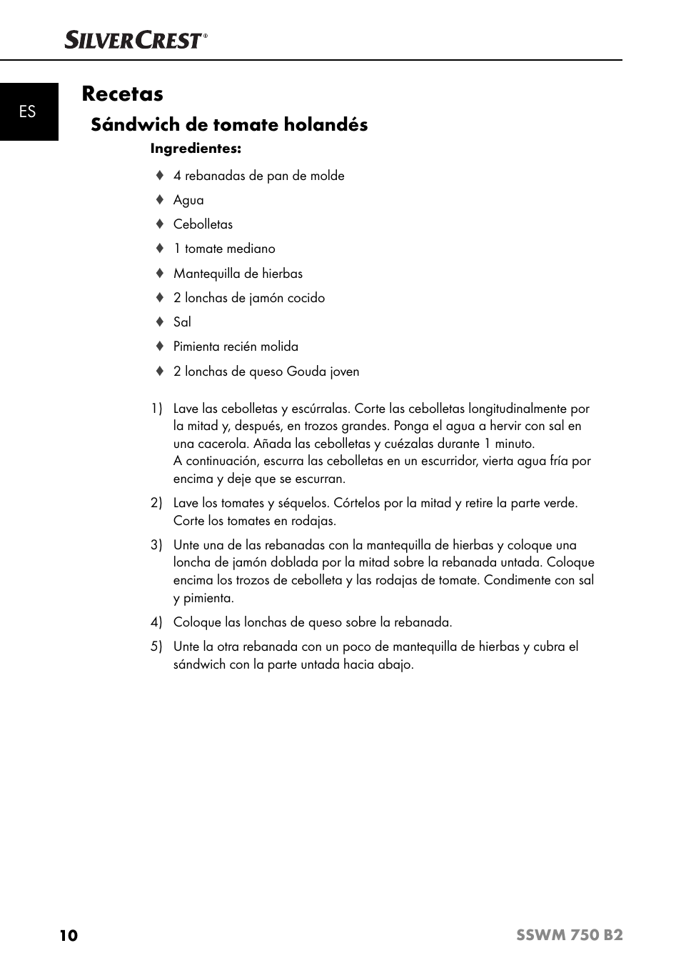 Recetas, Sándwich de tomate holandés | Silvercrest SSWM 750 B2 User Manual | Page 13 / 74