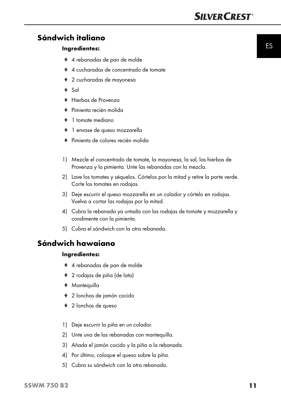 Sándwich italiano, Sándwich hawaiano | Silvercrest SSWM 750 B2 User Manual | Page 14 / 74