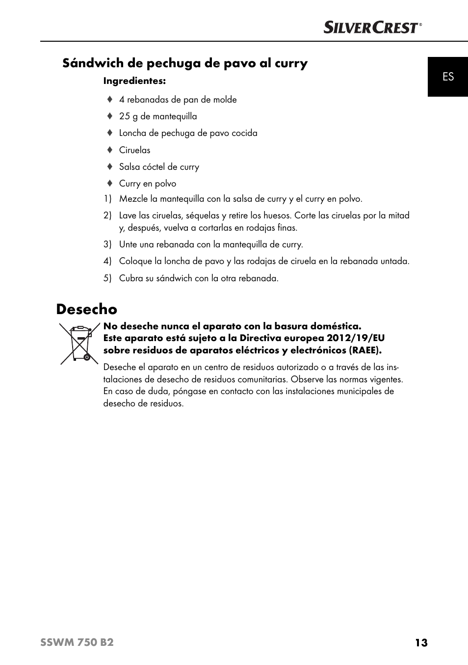Desecho, Sándwich de pechuga de pavo al curry | Silvercrest SSWM 750 B2 User Manual | Page 16 / 74