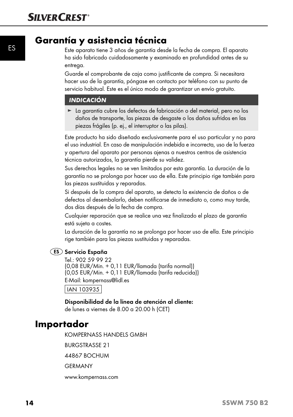 Garantía y asistencia técnica, Importador | Silvercrest SSWM 750 B2 User Manual | Page 17 / 74