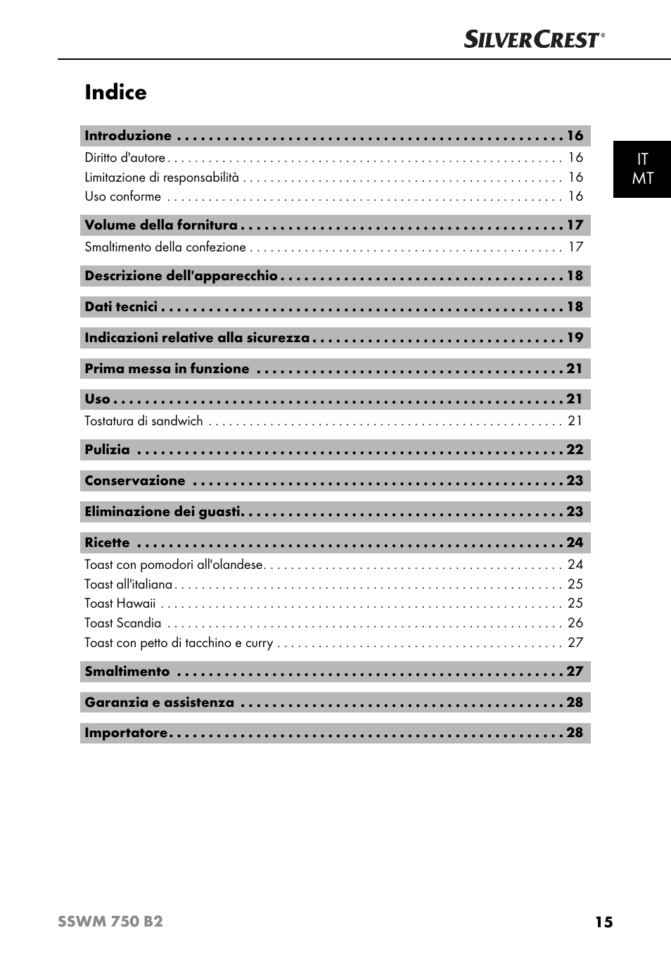Indice, It mt | Silvercrest SSWM 750 B2 User Manual | Page 18 / 74