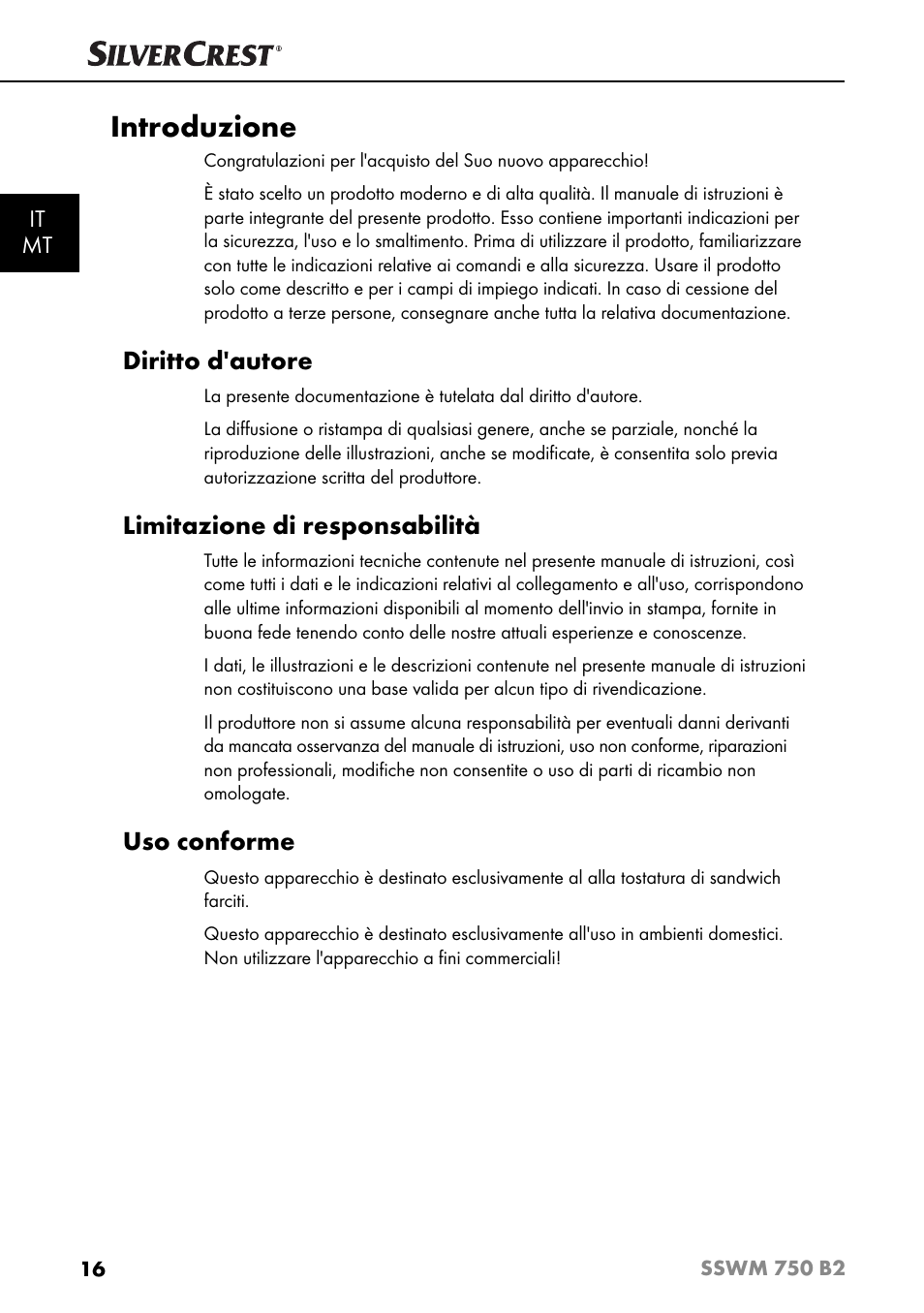 Introduzione, Diritto d'autore, Limitazione di responsabilità | Uso conforme | Silvercrest SSWM 750 B2 User Manual | Page 19 / 74