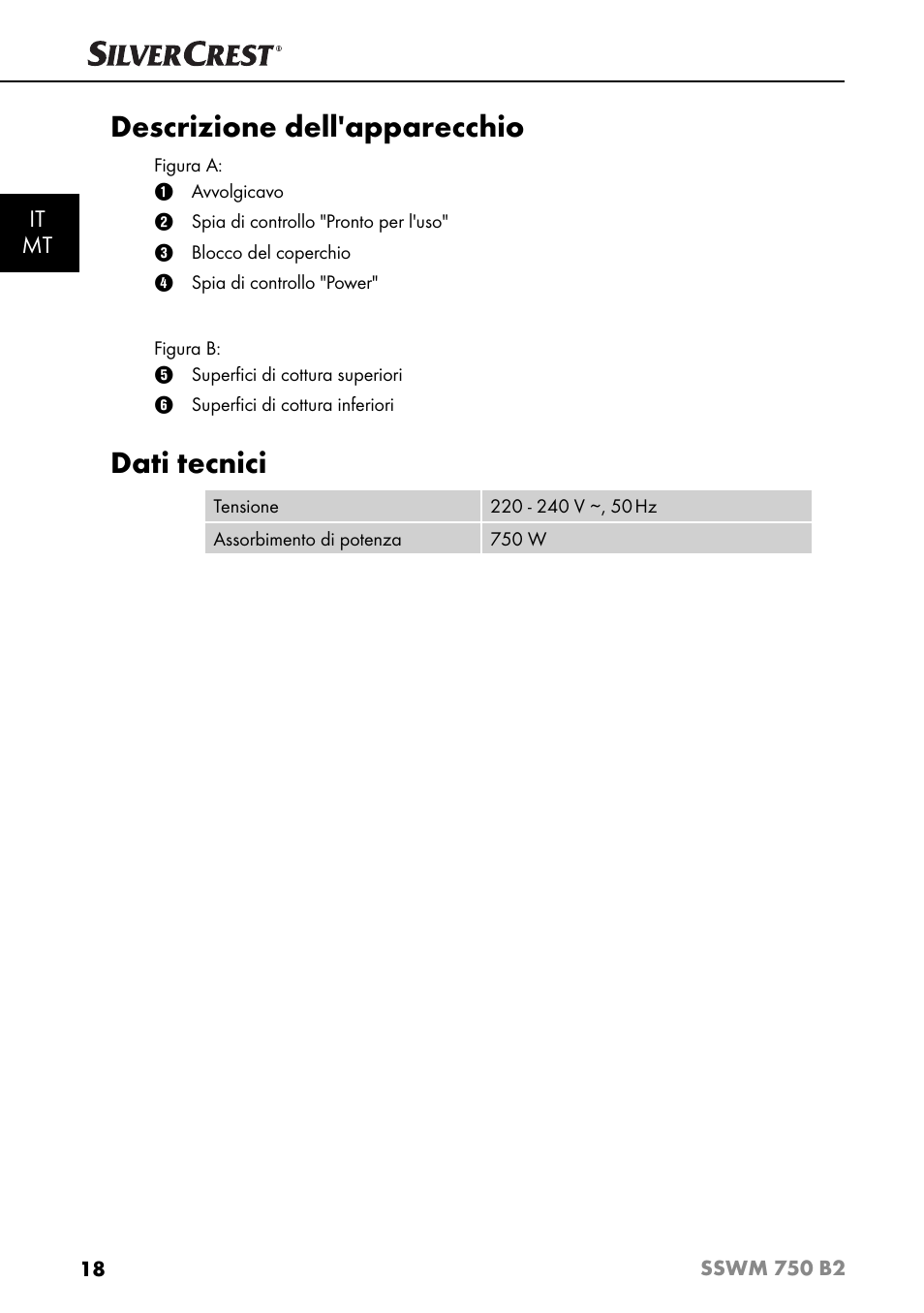 Descrizione dell'apparecchio, Dati tecnici | Silvercrest SSWM 750 B2 User Manual | Page 21 / 74