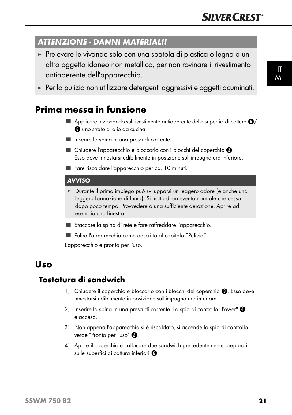 Prima messa in funzione, Attenzione - danni materiali, Tostatura di sandwich | It mt | Silvercrest SSWM 750 B2 User Manual | Page 24 / 74