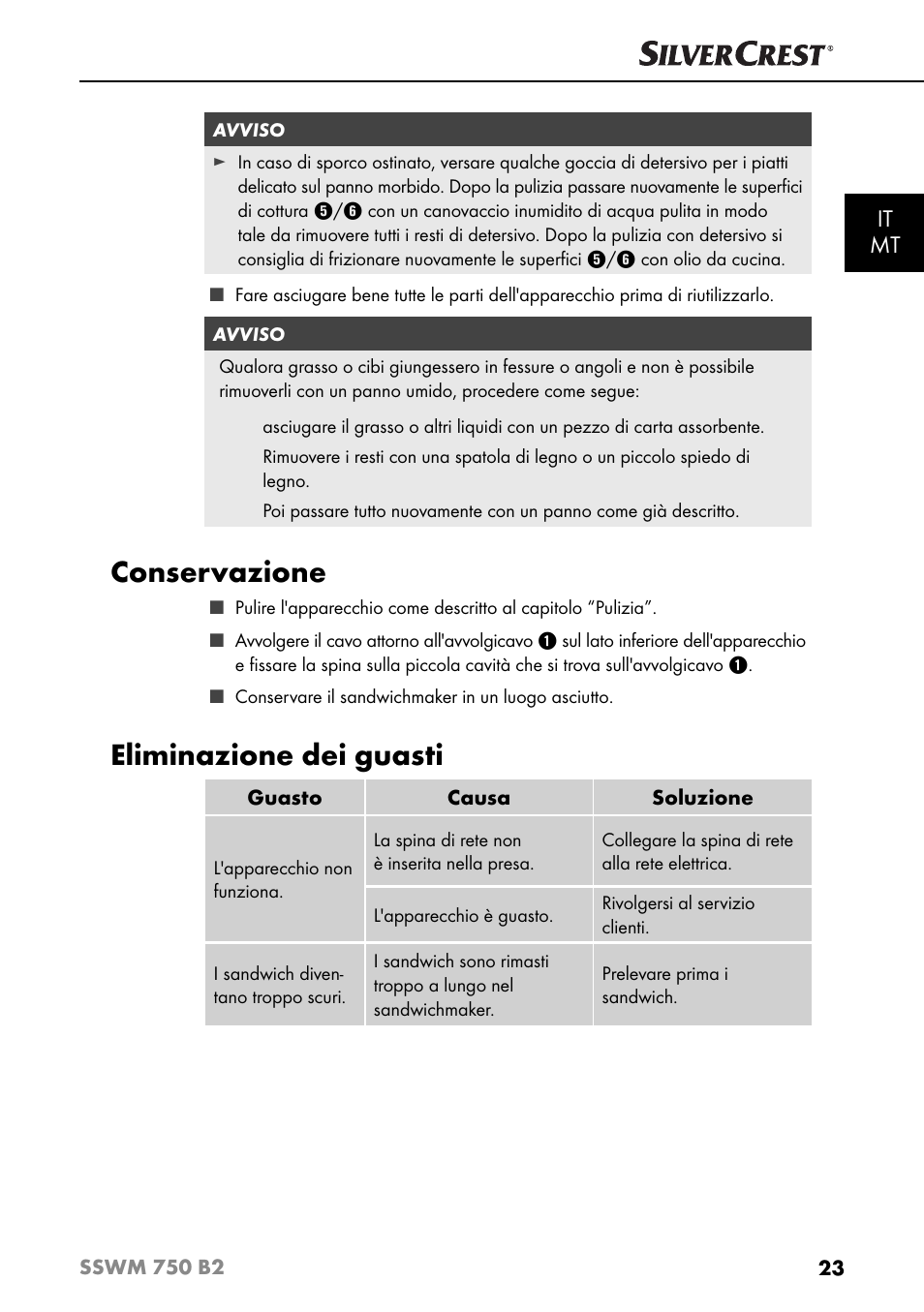 Conservazione, Eliminazione dei guasti, It mt | Silvercrest SSWM 750 B2 User Manual | Page 26 / 74