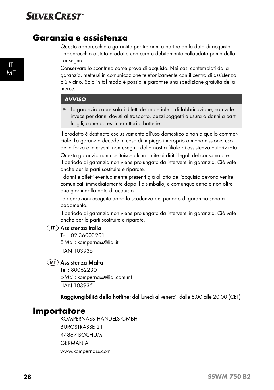 Garanzia e assistenza, Importatore, It mt | Silvercrest SSWM 750 B2 User Manual | Page 31 / 74