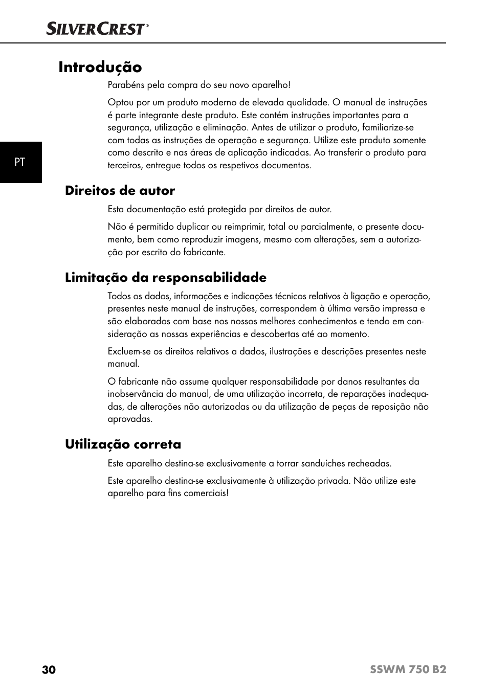 Introdução, Direitos de autor, Limitação da responsabilidade | Utilização correta | Silvercrest SSWM 750 B2 User Manual | Page 33 / 74