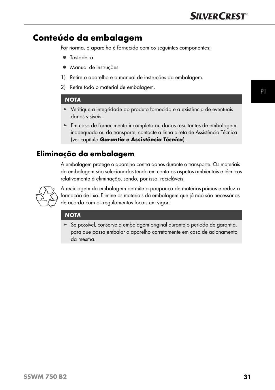 Conteúdo da embalagem, Eliminação da embalagem | Silvercrest SSWM 750 B2 User Manual | Page 34 / 74