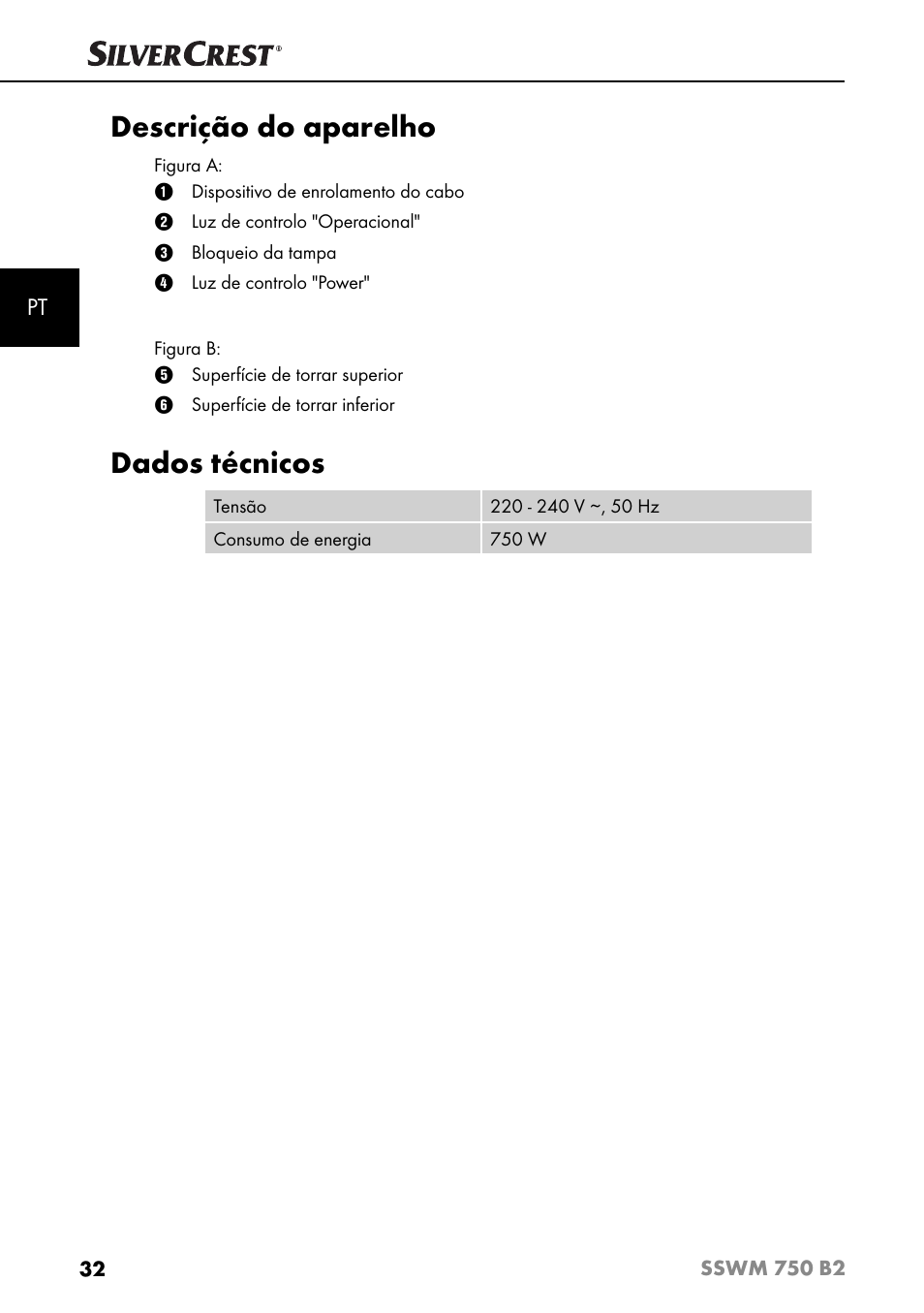 Descrição do aparelho, Dados técnicos | Silvercrest SSWM 750 B2 User Manual | Page 35 / 74