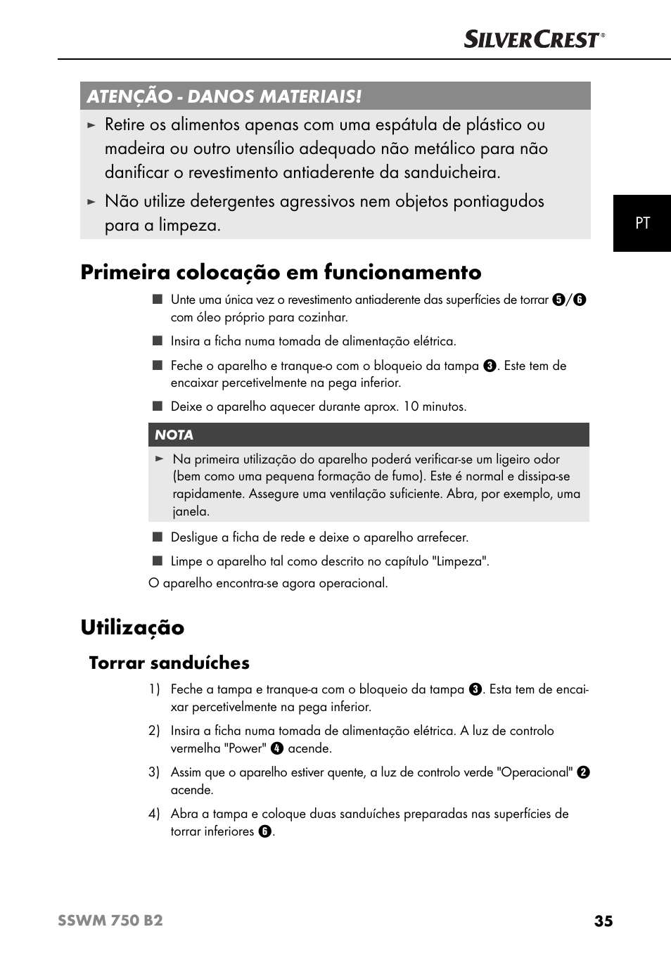Primeira colocação em funcionamento, Utilização, Atenção - danos materiais | Torrar sanduíches | Silvercrest SSWM 750 B2 User Manual | Page 38 / 74