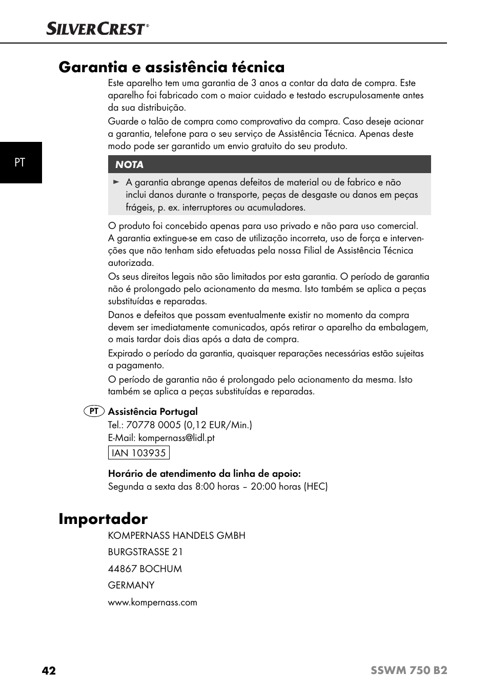 Garantia e assistência técnica, Importador | Silvercrest SSWM 750 B2 User Manual | Page 45 / 74