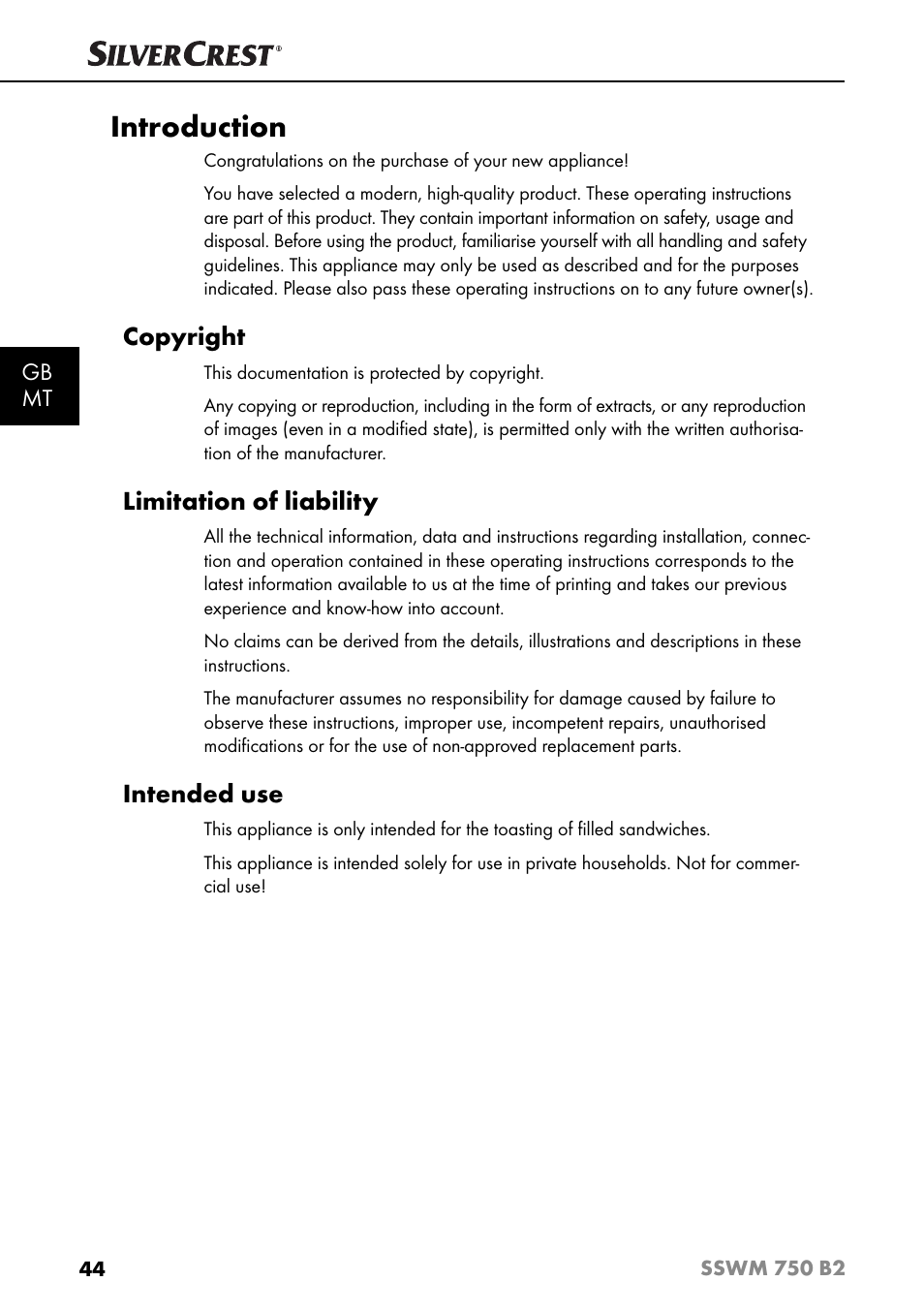 Introduction, Copyright, Limitation of liability | Intended use, Gb mt | Silvercrest SSWM 750 B2 User Manual | Page 47 / 74